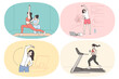 © drawlab19 - Sport at work and gym concept. Set of young women making exercises stretching jogging and practicing yoga workouts in office at home and in gym vector illustration