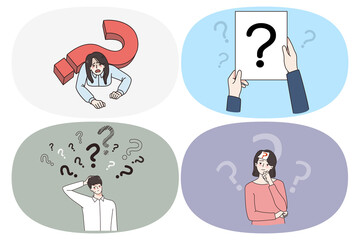 Thinking doubt and feeling frustrated concept. Set of young people with question mark around feeling doubt trying to find best decision need help or great idea for business vector illustration 