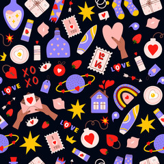 Wall Mural - seamless pattern of romantic colorful elements for valentine's day isolated on a dark background. mo