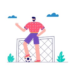  Character  playing football. Sportsmen in the park with ball. Men enjoying his hobbies, work, leisure. Vector illustration in flat cartoon style.