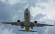 A passenger jet airliner is landing agaist clousy sky