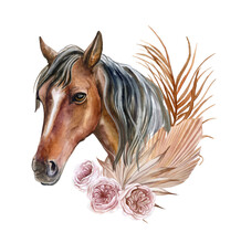 Brown Horse With Tropical Leaves, Plants, Roses Isolated On White Background. Watercolor. Illustration. Greeting Card Design. Clip Art. Portrait, Face, Template