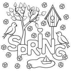 Poster - Coloring page with the word SPRING, birds, leaves, tree