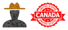 Low-Poly Triangulated Peasant Persona Icon Illustration, And United States Canada Rubber Seal Print. Red Stamp Includes United States Canada Tag Inside Ribbon.