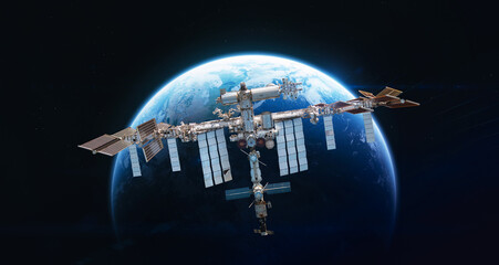 Leinwandbilder - International space station in 2022 on orbit of Earth planet. ISS with astronauts in outer space on orbit. View on surface of planet. Elements of this image furnished by NASA