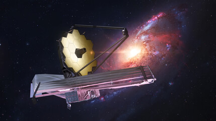 Leinwandbilder - JWST in outer space. James Webb telescope far galaxy explore. Sci-fi space collage. Astronomy science. Elemets of this image furnished by NASA