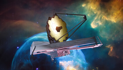 Poster - JWST in outer space. James Webb telescope far galaxy explore. Sci-fi space collage. Astronomy science. Elemets of this image furnished by NASA