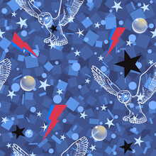 Abstract Vector Seamless Pattern With Lightning Bolts, Crystal Balls, Barn Owl, Stars And Squares On A Blue Background