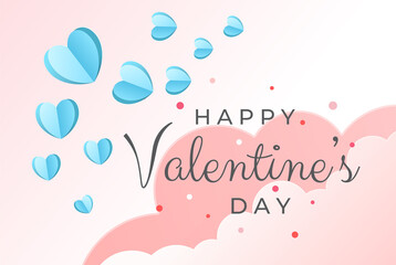 Wall Mural - Happy Valentine's day backgound with cute blue paper hearts. Day of love. Cover, banner, background for web