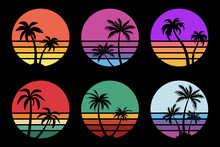Retro Sunset With Palm Tree Silhouette Collection. Vector Retrowave Elements