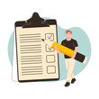 © Anastasiia - Business man holding giant pencil looking at completed checklist on clipboard marking tasks. Concept of effective daily planning and time management. Vector illustration web banner or ui character