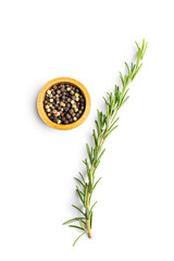 Wall Mural - Whole pepper spice and rosemary. Green rosemary branch and peppercorn