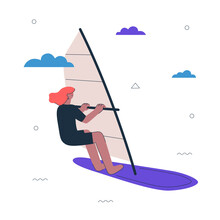 Hipster Girl Windsurfer. Young Woman On Windsurf. Healthy Active Lifestyle And Extreme Windsurfing Sport Creative Concept. Female Person Wind Surfing. Surfer Vector Eps Art Illustration