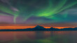 Stunning Aurora Borealis over Mount Redoubt Volcano on the Cook Inlet in Alaska at sunset