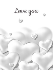 Wall Mural - Love you. Greeting card with flying silver volumetric hearts on a white background. Valentine's day modern poster design for happy women.