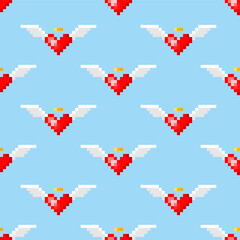 Wall Mural - Pixel art. Heart with wings in style of 8-bit game.seamless pattern.Texture for fabric, wrapping, wallpaper

