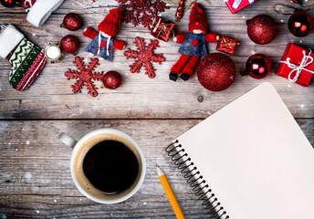 Wall Mural - New year goals 2022 concept on desk. notebook, coffee cup  on wooden background.