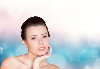 Wall Mural - Beautiful young woman with clean fresh skin, Face care, Facial treatment, Cosmetology