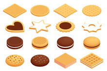 Isometric Different Cookies On White Background. Tasty Cookies, Oatmeal Cookies And Chocolate Sandwich Cookies