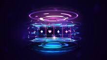 Neon Casino Playing Cards With Poker Chips And Hologram Of Digital Rings In Dark Empty Scene