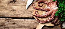 Beautiful Octopus On A Cutting Board. On A Wooden Background. High Quality Photo