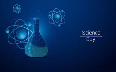 national science day and flask and molecule image in wireframe style 