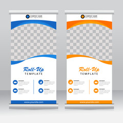 Wall Mural - Roll-up banner stands template design. Vertical banner template. Universal stands for conference, seminar, exhibitions, promo banner vector background. Modern publication x-banner and flag-banner.