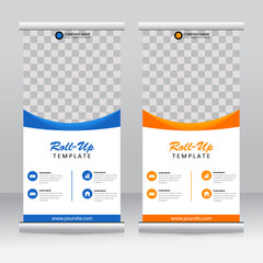 Wall Mural - Roll-up banner stands template design. Vertical banner template. Universal stands for conference, seminar, exhibitions, promo banner vector background. Modern publication x-banner and flag-banner.
