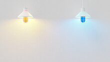 Two Color Pendant Light Yellow With Blue In Front Of Rough Texture White Wall. Space For Put Your Banner And Logo Or Message. Minimal Concept, 3D Render.