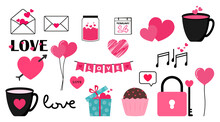 Happy Valentines Day Love Doodle In Pink And Black Cute Vector Clipart Design Sticker