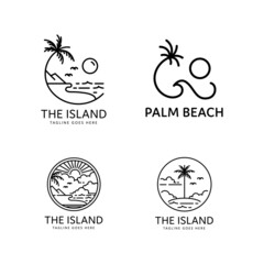 Poster - beach and palm tree logo collection on tropical island monoline style design