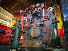 The Engine Room Of A Steam Locomotive Of A Ancient Train.