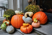 Fall Decoration Of Colorful Gourds At The Front Door