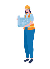 Canvas Print - engineer female with blueprint