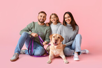 Sticker - Happy parents with little daughter and Labrador dog on pink background