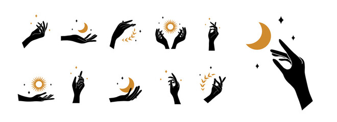 Wall Mural - Boho hand with moon and sun. Collection of bohemian aesthetic design logos. Alchemy esoteric talismans. Vector illustration in minimalist style.