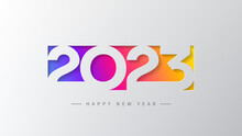2023 Happy New Year Banner. Vector Illustration With Colorful Numbers 2023 With Trendy Gradient. New Year Holiday Symbol Template On Gray Background.