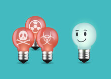 The Light Bulb Glows With A Happy Face And A Group Of Red Lightbulbs With A Toxic Thinking Symbol. Concept Illustration About Emotional Management For Dealing With Toxic Thinking People.