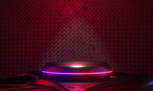 Dark Podium Display Background Neon Laser Red Pink Light With Metal Wall In Black Theme. 3D Illustration Rendering.