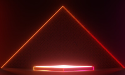 Wall Mural - Dark podium display background neon laser red pink light with triangle light frame metal wall in black theme. 3D illustration rendering.