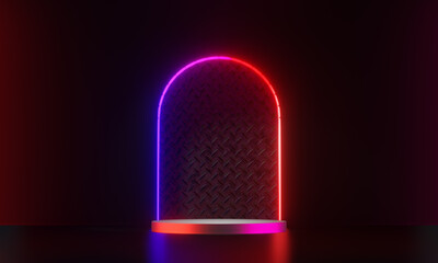 Canvas Print - Dark podium display background neon laser red pink light with light frame metal wall in black theme. 3D illustration rendering.