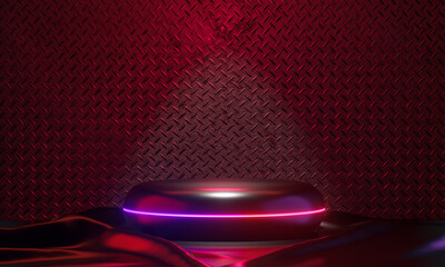 Canvas Print - Dark podium display background neon laser red pink light with metal wall in black theme. 3D illustration rendering.