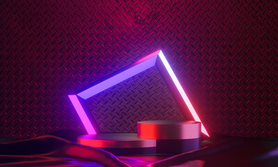 Canvas Print - Dark podium display background neon laser red pink light with light frame metal wall in black theme. 3D illustration rendering.