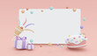 © Kwanchanok - 3D Rendering of party popper  gift box cake and confetti with blank paper copy space in pastel theme banner background. 3D Render illustration.