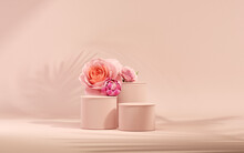3D Podium Display, Pastel Pink Background With Rose Flowers. Peonies Flower And Palm Leaf Shadow. Minimal Pedestal For Beauty, Cosmetic Product. Valentine, Feminine Copy Space Template 3d Render