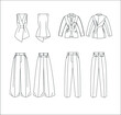 Technical drawing of various suit silhouettes. Technical drawing of trousers, jackets 