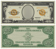 Fictional paper money, gold certificate, denomination of 25 dollars in the style of vintage 1934 US banknotes. Gray obverse and green reverse with guilloche grid