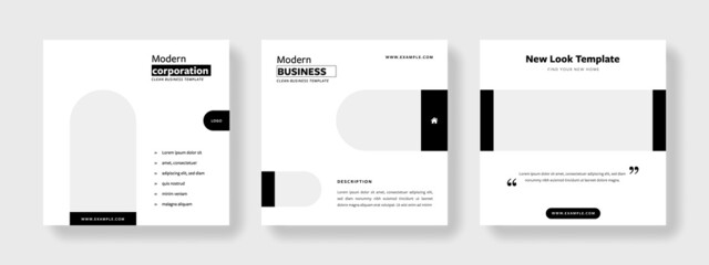Wall Mural - Clean monochrome editable social media post templates, rounded elements, black and white contrast graphic design. Modern business banner graphics for online advert, product presentation	