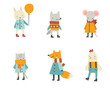 Cute dressed abstract animals set. Collection of naive doodle stylized mammal in clothes.
