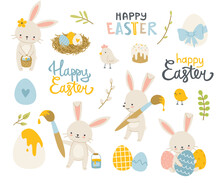 Easter Bunny Cute Set. Easter Decoration Sticker Collection With Rabbit, Chicken, Painted Eggs.